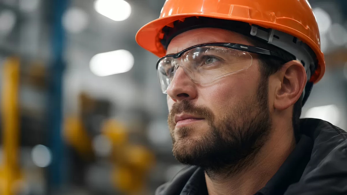 Arbeiter mit Schutzhelm und Schutzbrille in Fabrikhalle