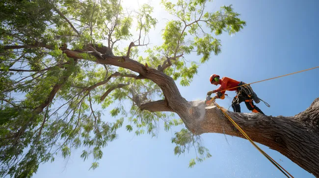 Arbeiter sägt Ast in luftiger Höhe eines Baumes