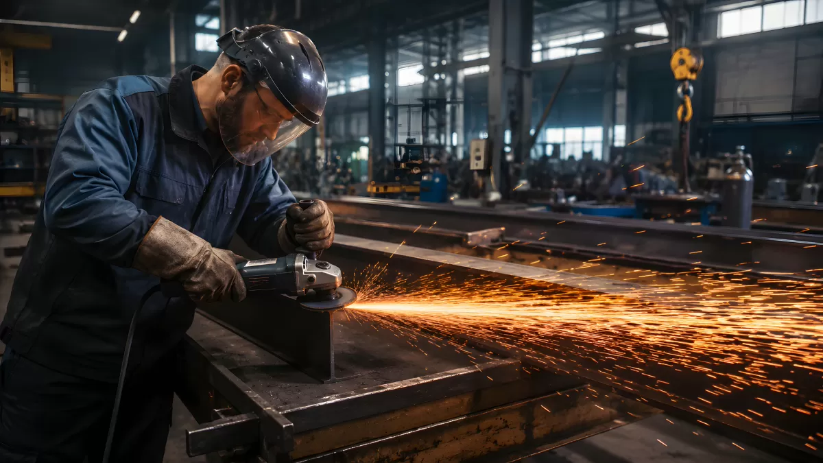 Arbeiter schleift Metall mit Winkelschleifer in Werkshalle