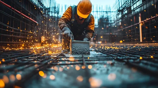 Arbeiter schweißt Stahl bei Baustellenarbeiten