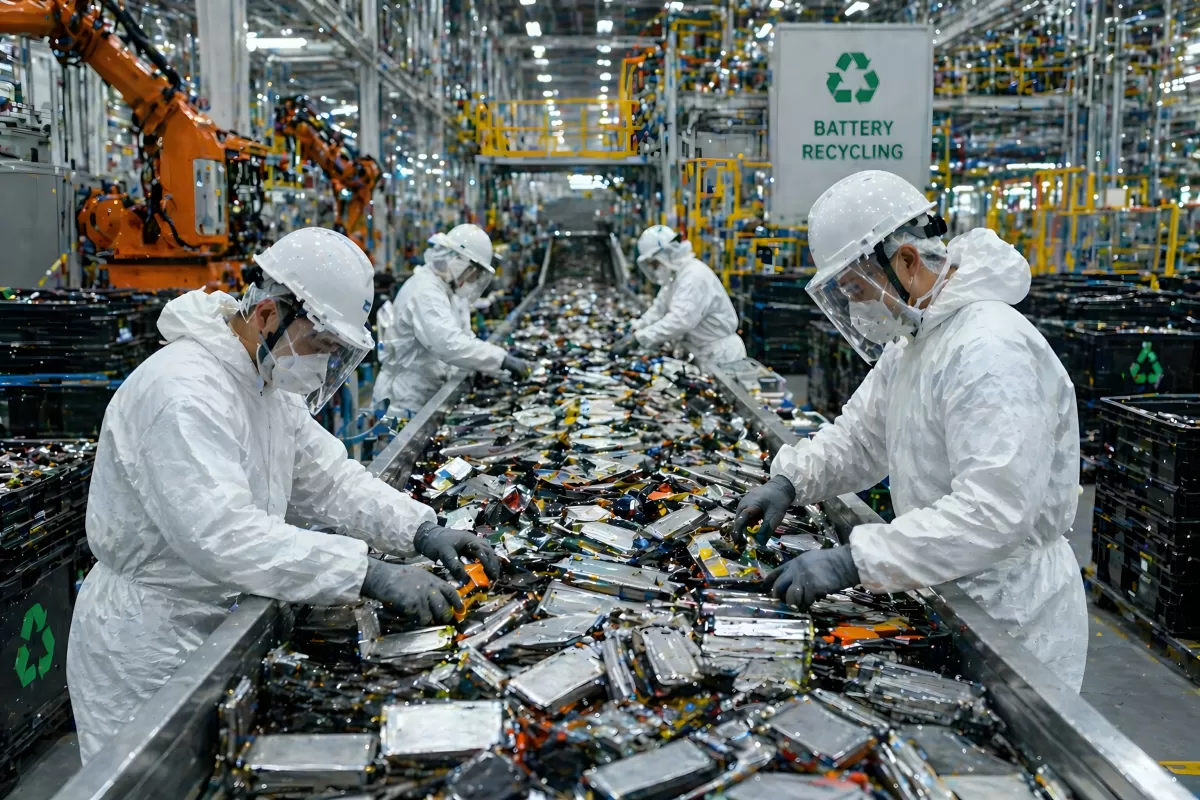 Arbeiter sortieren Batterien in Recyclinganlage