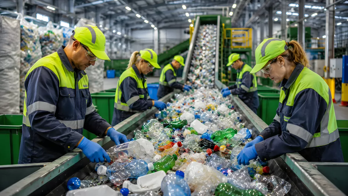 Arbeiter sortieren Plastikflaschen am Förderband