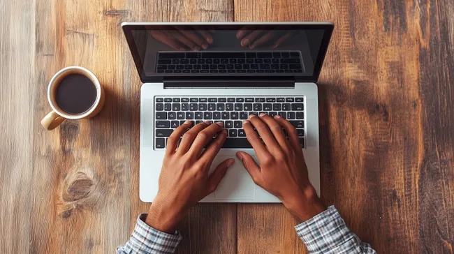 Arbeiter tippt auf Laptop mit Kaffeetasse auf Holztisch