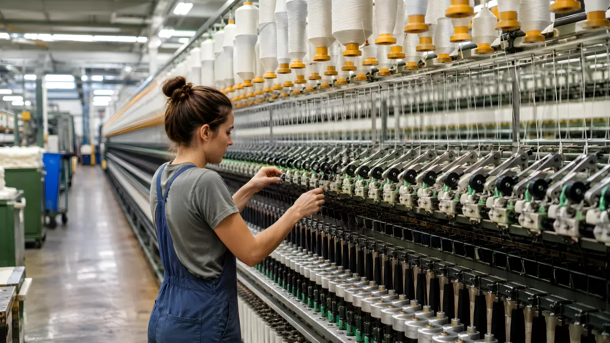 Arbeiterin an Spinnmaschinen in Textilfabrik