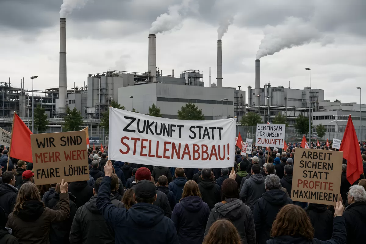 Arbeiterprotest vor Industrieanlage gegen Stellenabbau