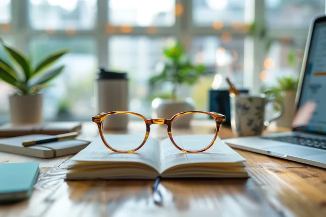 Arbeitsplatz mit Computerbrille und grünen Pflanzen