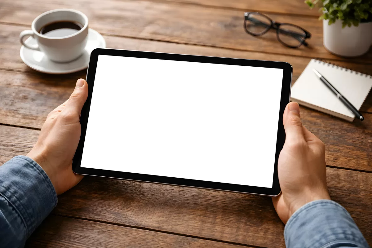 Arbeitsplatz mit digitalem Tablet und Kaffeetasse