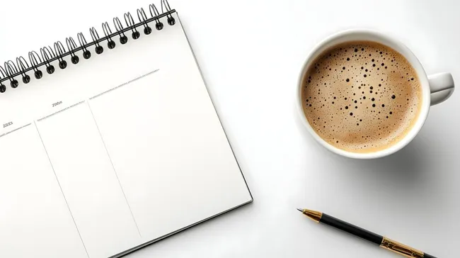 Arbeitsplatz mit Kaffeetasse und Kalender für produktive Organisation