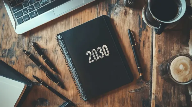 Arbeitsplatz mit Notizbuch, Stiften und Laptop