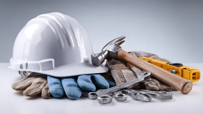 Arbeitsschutzausrüstung und Werkzeuge auf Tisch