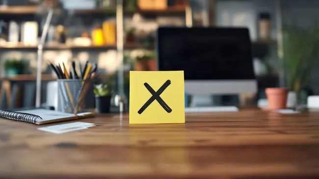 Arbeitstisch mit gelbem Post-it und Computerzubehör