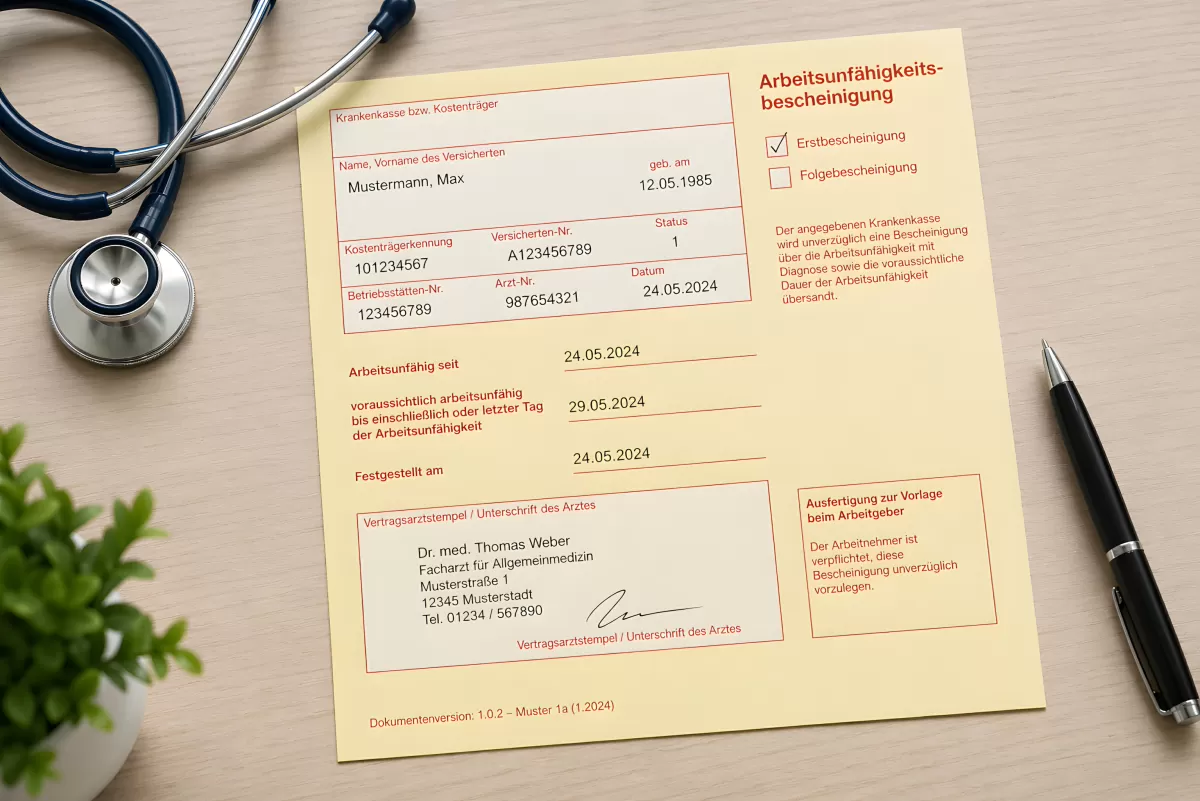 Arbeitsunfähigkeitsbescheinigung auf dem Schreibtisch