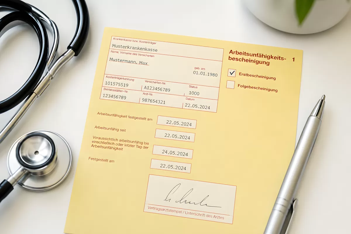 Arbeitsunfähigkeitsbescheinigung liegt auf Schreibtisch