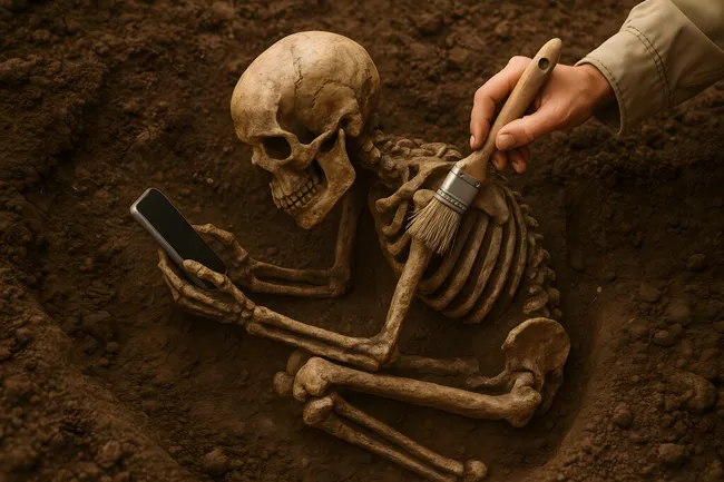 Archäologe untersucht altes Skelett mit Smartphone
