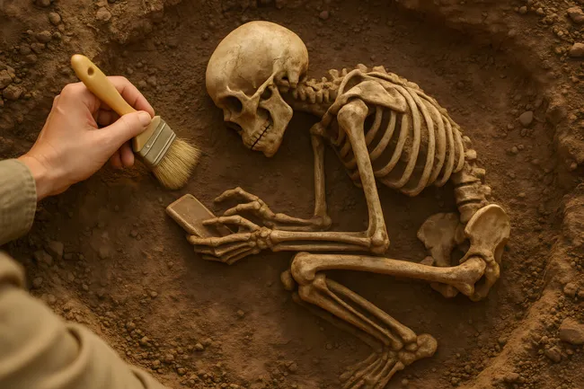 Archäologe untersucht Skelett-Fundstück auf Ausgrabung