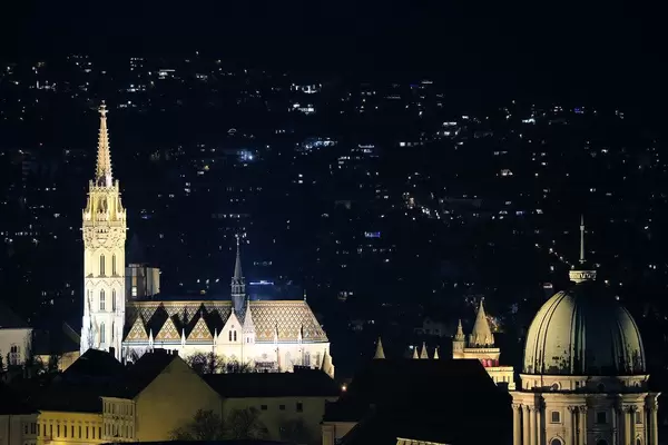 Architectural details of Budapest city by night