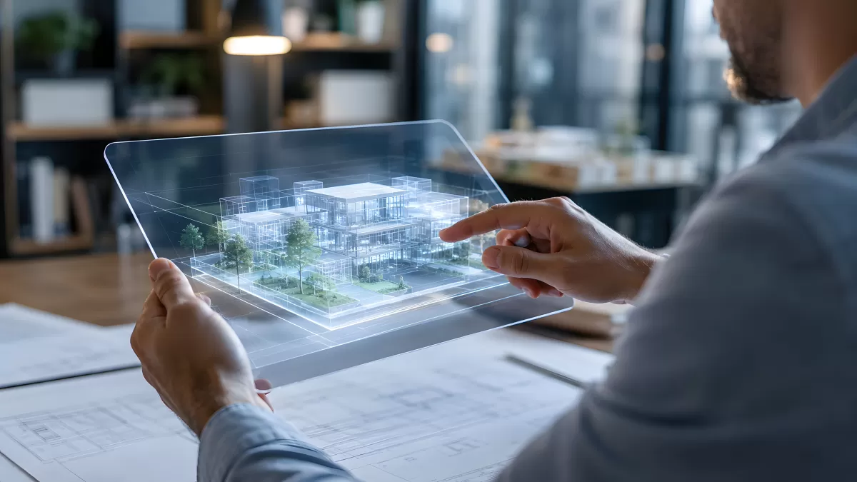 Architekt analysiert 3D-Hologramm eines Gebäudes