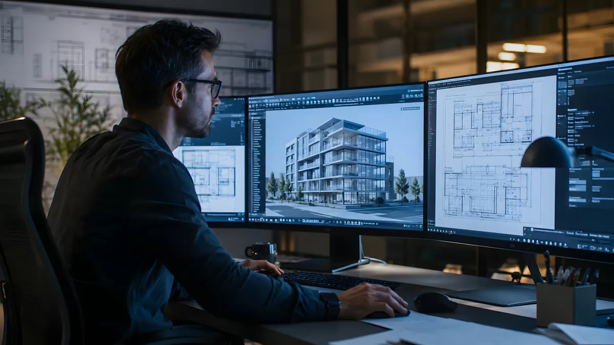 Architekt arbeitet nachts an 3D-Gebäudeplanung