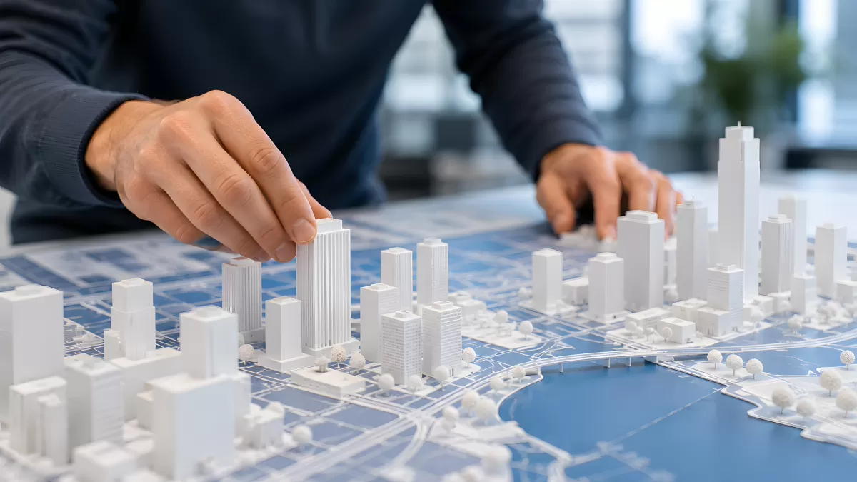 Architekt positioniert Gebäude im Stadtplanungsmodell