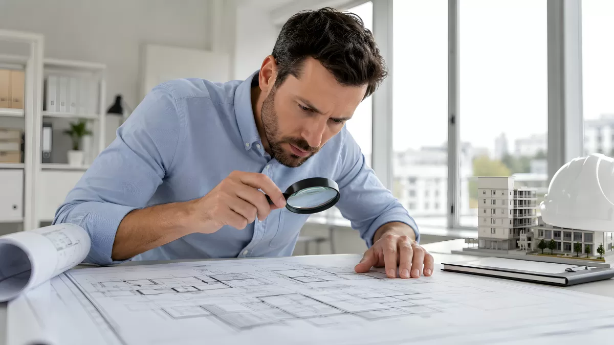 Architekt prüft Bauplan mit Lupe am Schreibtisch