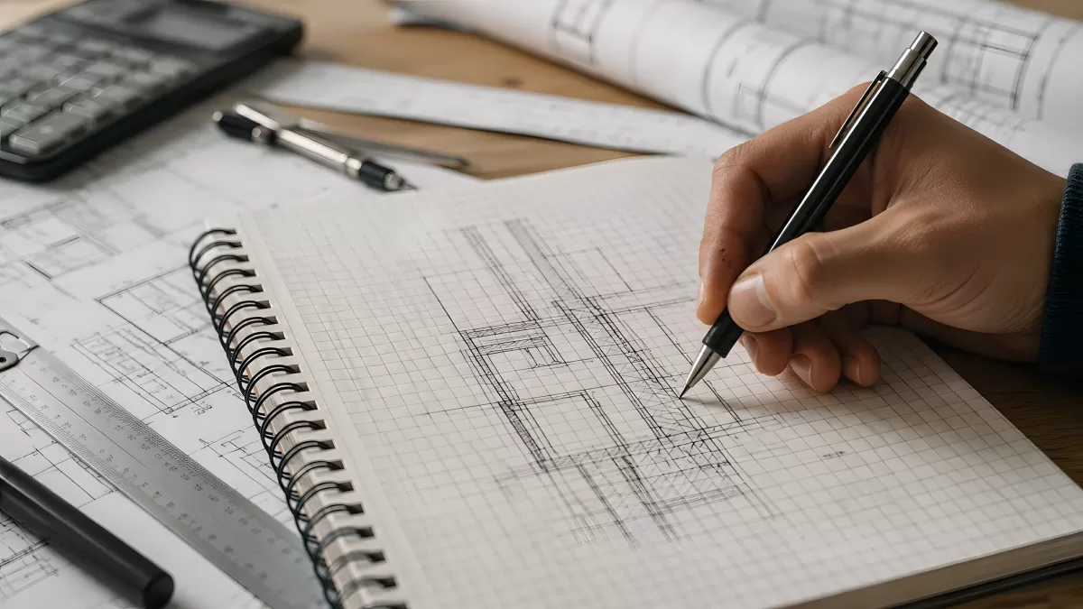 Architekt zeichnet technische Pläne auf Millimeterpapier