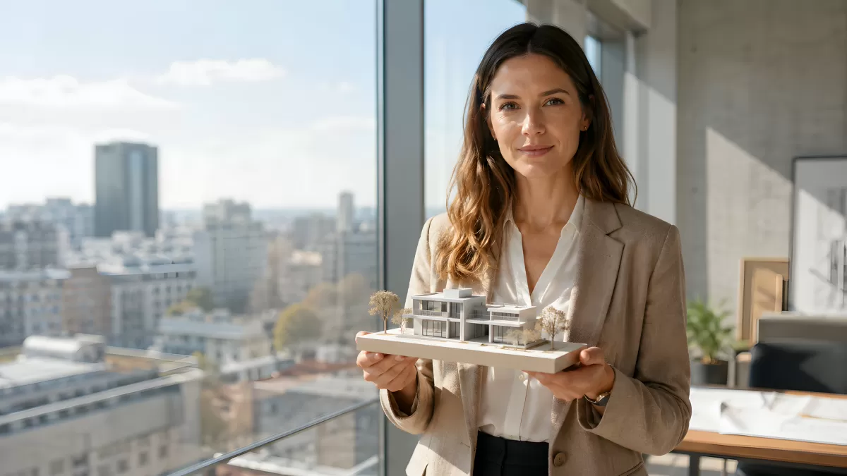 Architektin präsentiert Hausmodell im Büro mit Stadtblick