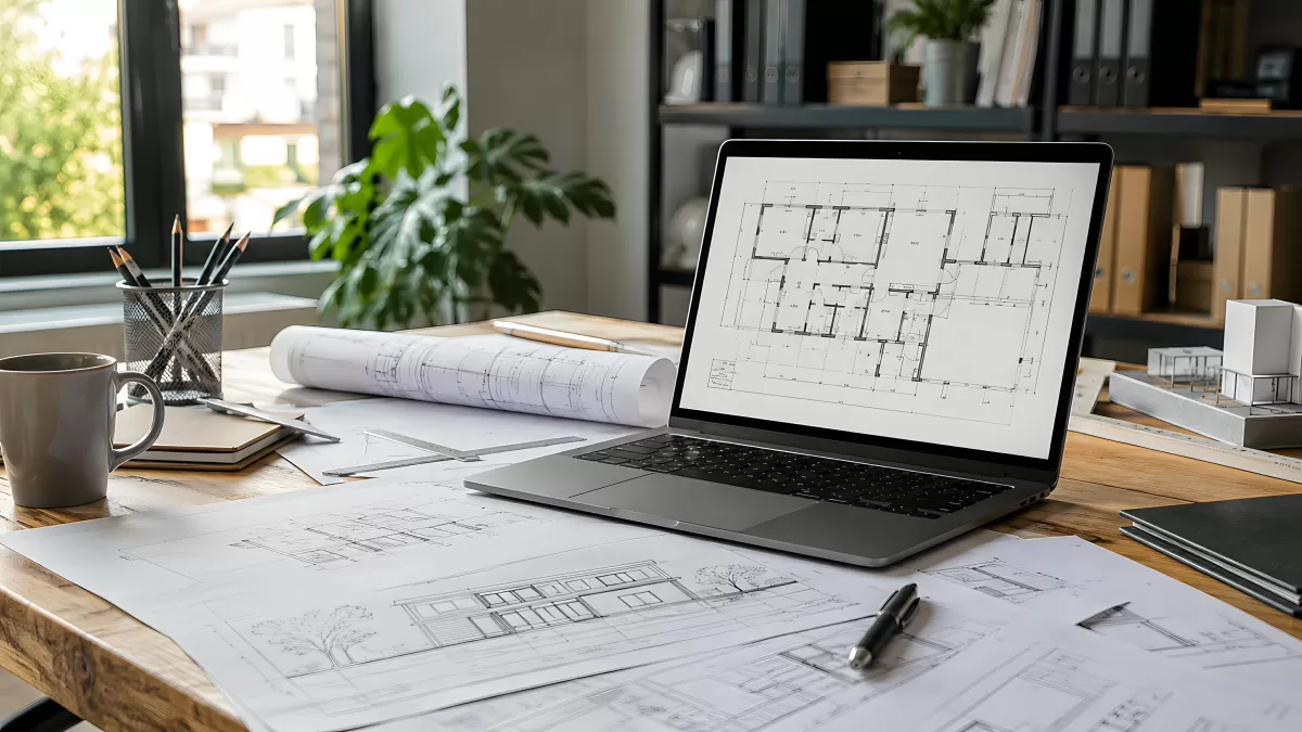 Architektur-Arbeitsplatz mit Bauplänen und Laptop