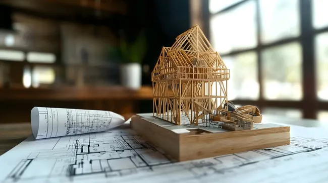 Architekturmodell auf Bauplänen mit Holzrahmen