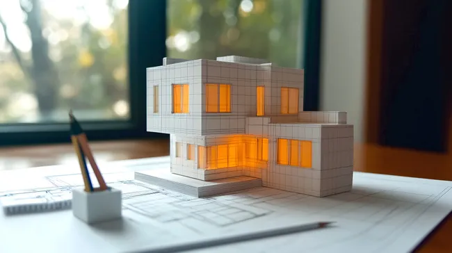 Architekturmodell eines modernen, beleuchteten Hauses