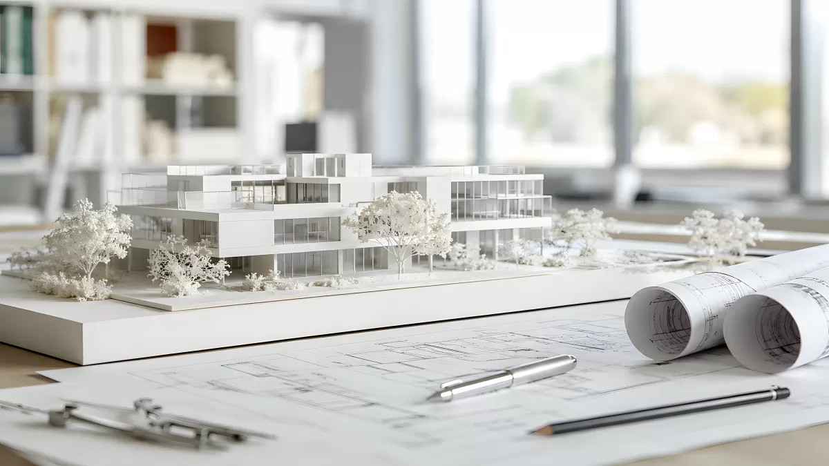 Architekturmodell mit Bauplänen auf dem Schreibtisch