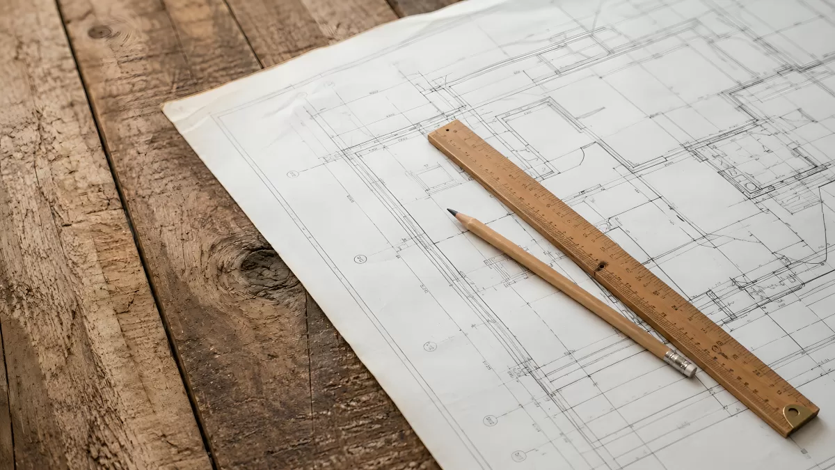 Architekturzeichnung mit Bleistift und Holzlineal