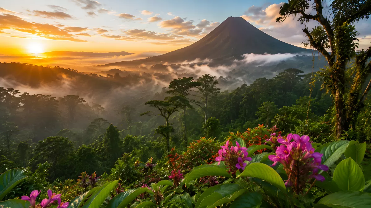 Arenal Vulkan bei Sonnenaufgang über dem Regenwald