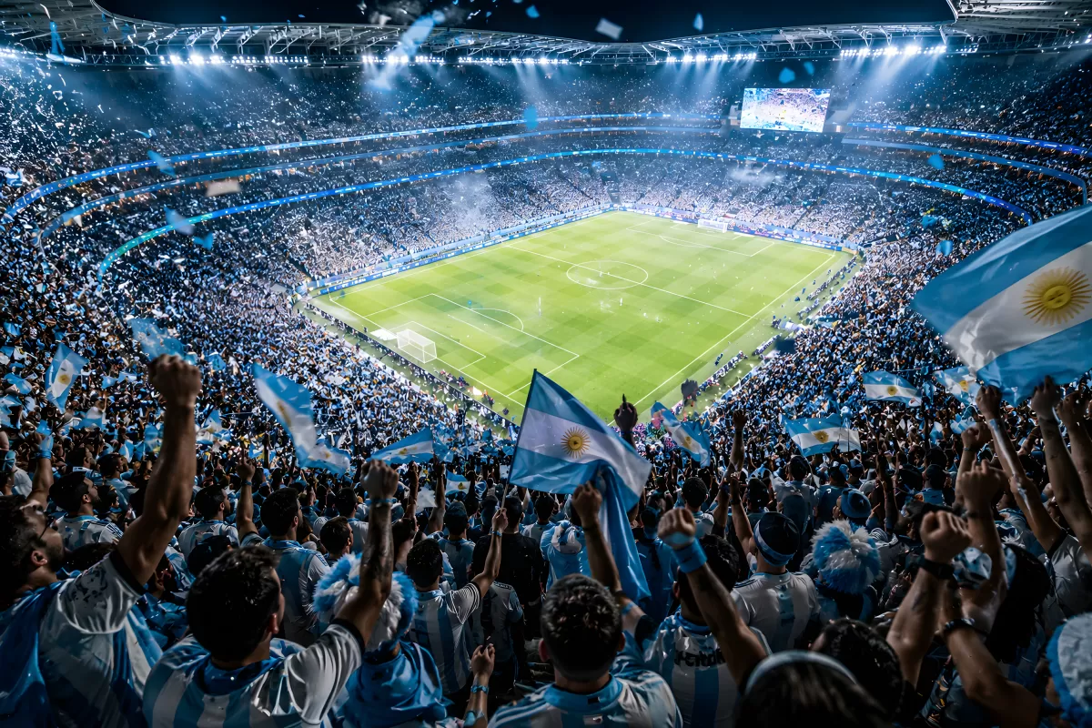 Argentinische Fußballfans feiern im vollbesetzten Stadion