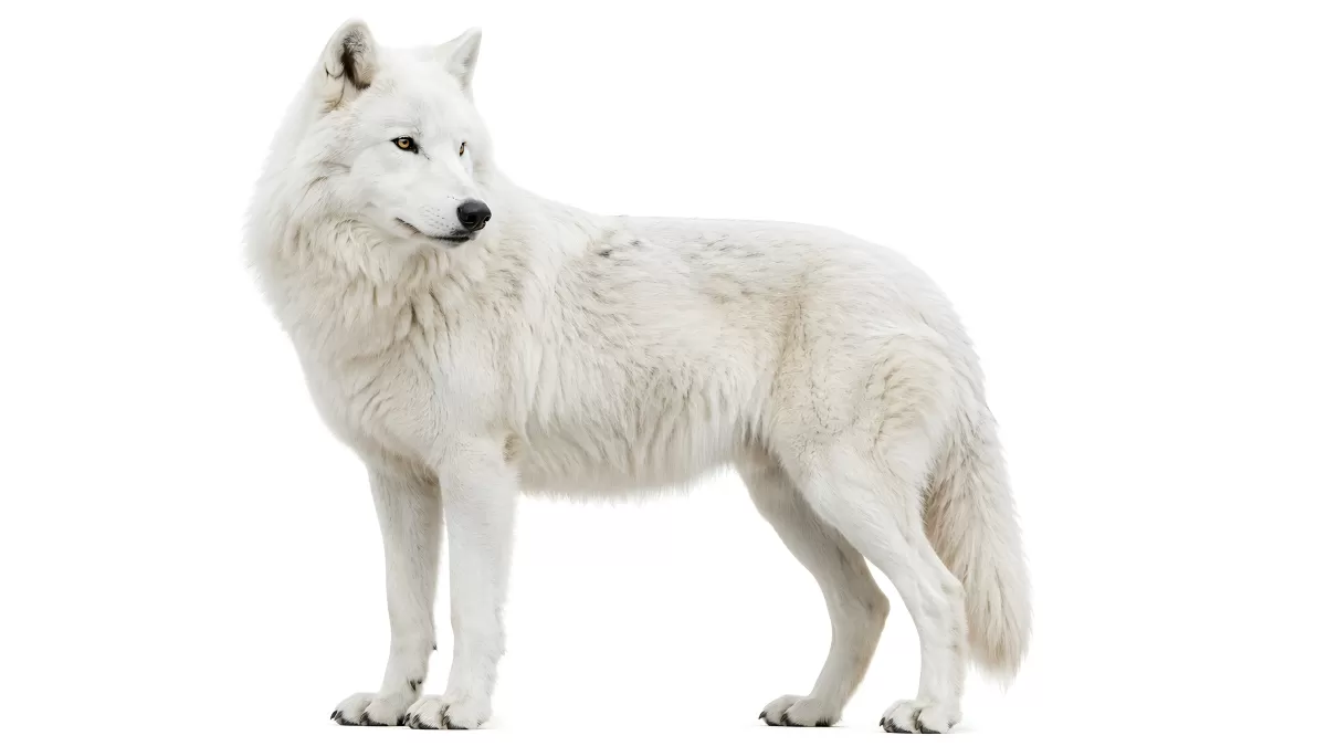Arktischer Wolf mit weißem Fell vor weißem Hintergrund