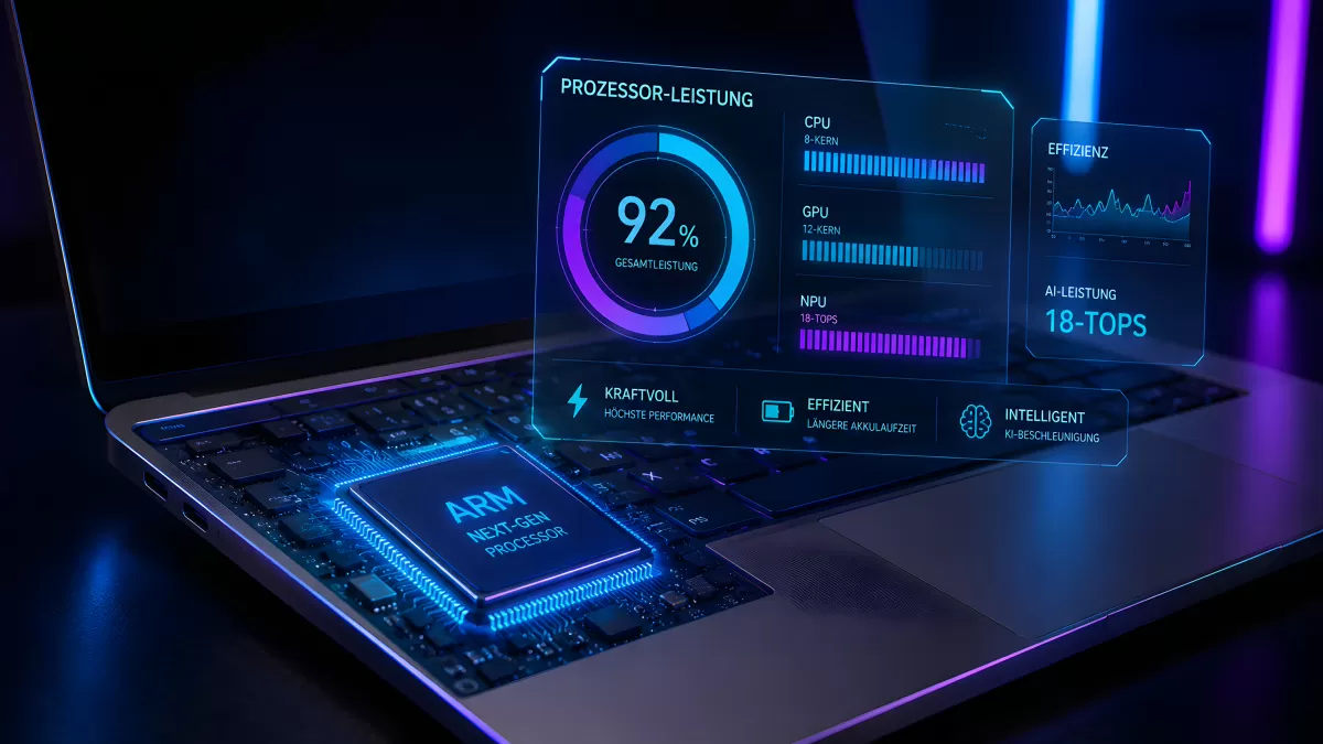 ARM-Prozessor mit Leistungs-Dashboard auf modernem Laptop