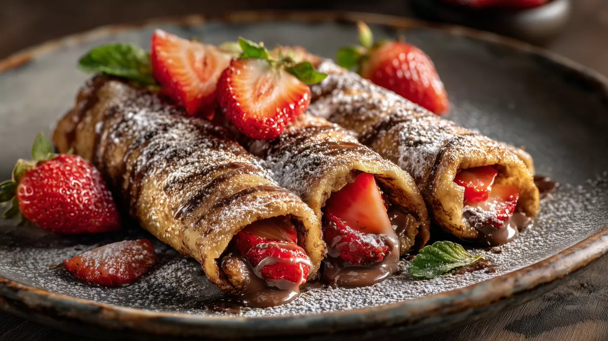 Armer Ritter gerollt mit Erdbeeren und Schokolade