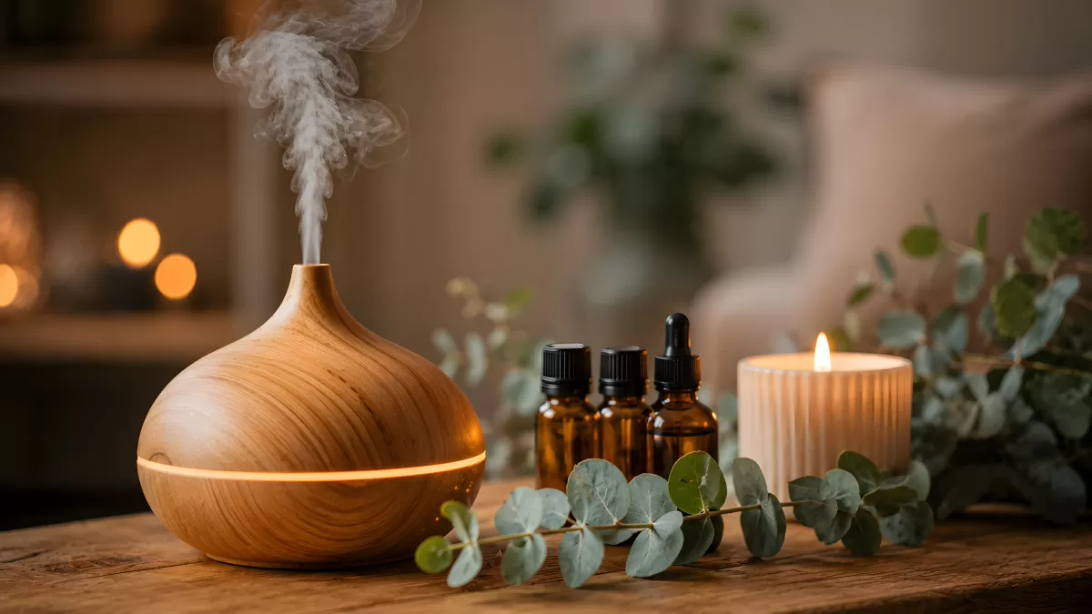 Aromaöl-Diffuser mit ätherischen Ölen und Kerze