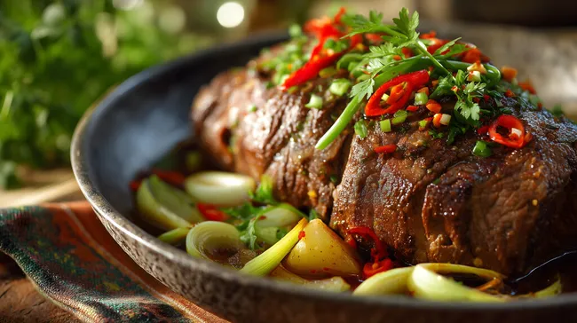 Aromatisch gebackenes Rindfleisch mit Gemüsegarnitur