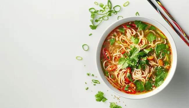 Aromatische asiatische Nudelsuppe mit Gemüse und Chili