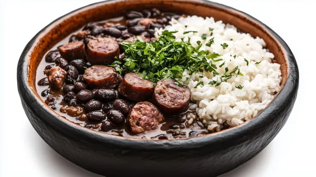 Aromatische brasilianische Feijoada mit Wurst und Bohnen