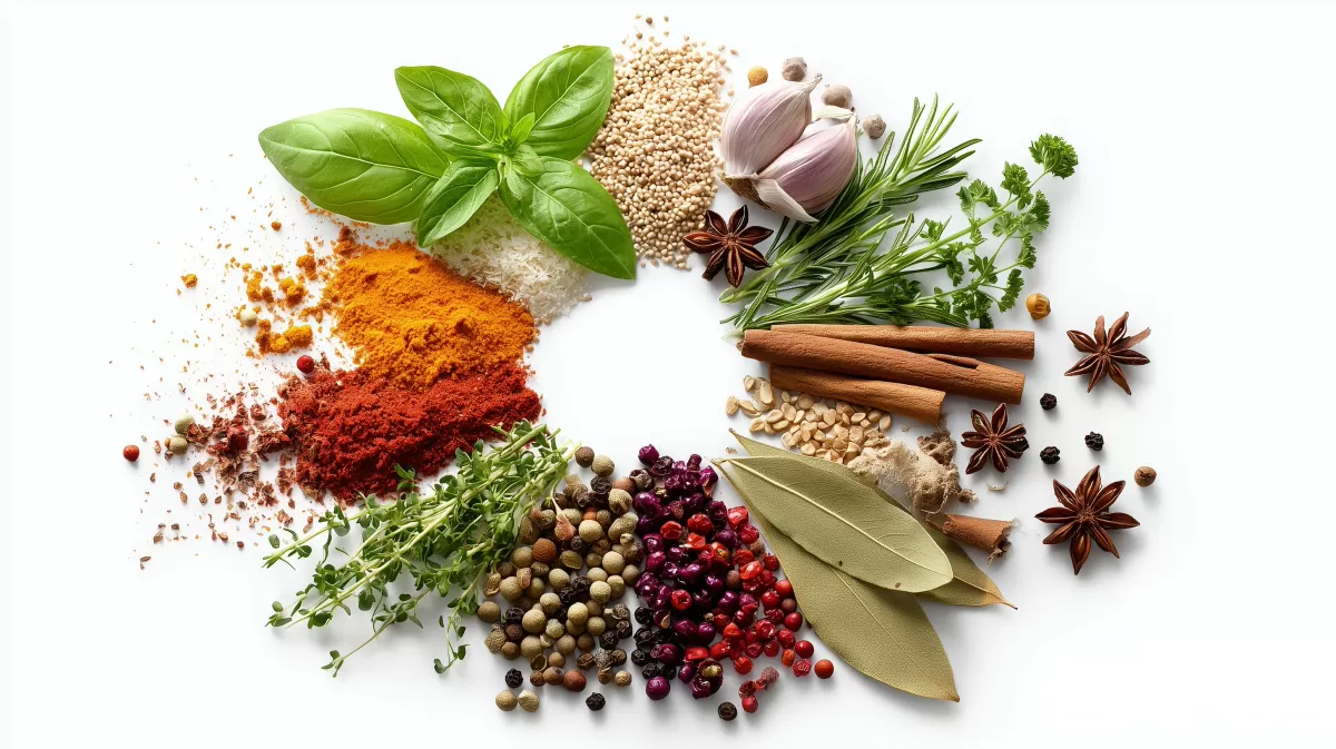 Aromatische Gewürze und Kräuter auf weißem Hintergrund