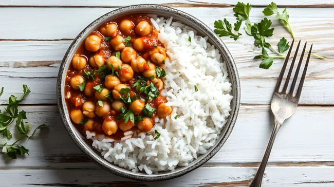Aromatischer Kichererbsen-Tomateneintopf mit Reis