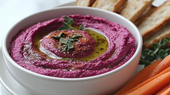 Aromatischer Rote-Bete-Hummus mit Olivenöl und Brotstreifen
