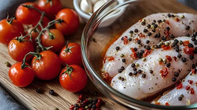 Aromatischer Tomatensalat mit knusprigem Hähnchen auf Holzbrett