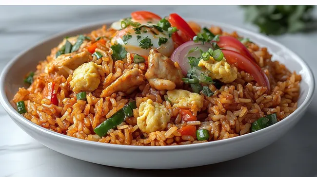 Aromatisches asiatisches Reisgericht mit Hühnchen