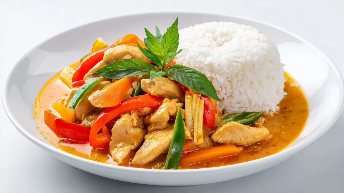Aromatisches Curry mit Hühnchen und Gemüse auf Reis