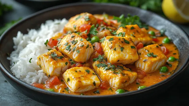 Aromatisches Fischcurry mit Reis und Gemüse