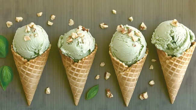 Aromatisches Pistazieneis in Waffelschalen mit Nüssen
