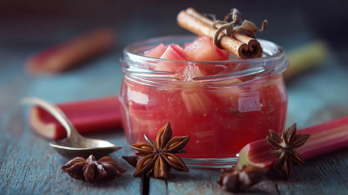 Aromatisches Rhabarberkompott im Glas mit Gewürzen