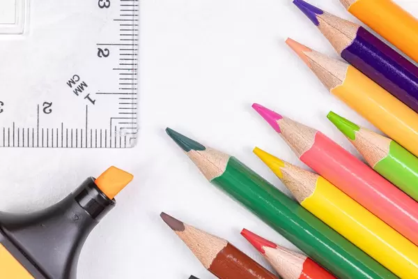 Arranged wooden colorful Pencils with Rulers and Marker